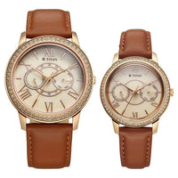 Titan Beige Dial Brown Leather Strap Analog with Day and Date Quartz Watch for Couple