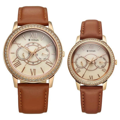 Titan Pink Dial Brown Leather Strap Analog with Day and Date Quartz Watch for Couple