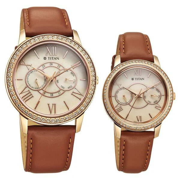 Titan Beige Dial Brown Leather Strap Analog with Day and Date Quartz Watch for Couple
