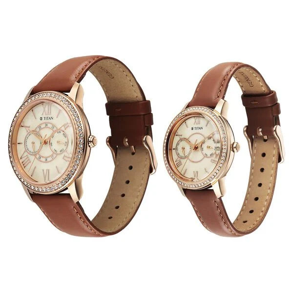 Titan Beige Dial Brown Leather Strap Analog with Day and Date Quartz Watch for Couple