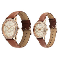 Titan Beige Dial Brown Leather Strap Analog with Day and Date Quartz Watch for Couple