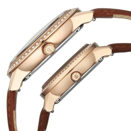 Titan Pink Dial Brown Leather Strap Analog with Day and Date Quartz Watch for Couple