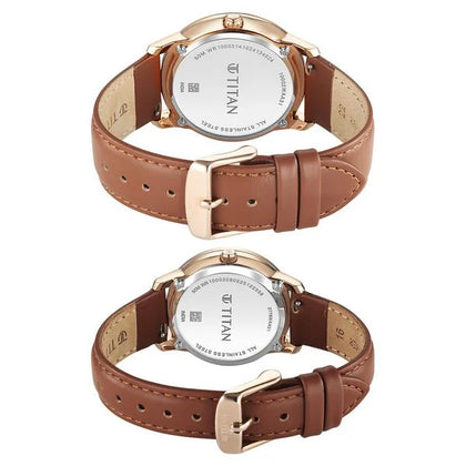 Titan Pink Dial Brown Leather Strap Analog with Day and Date Quartz Watch for Couple