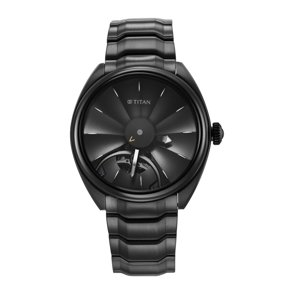Titan Stellar Automatic Black Dial Stainless Steel Strap Watch for Men