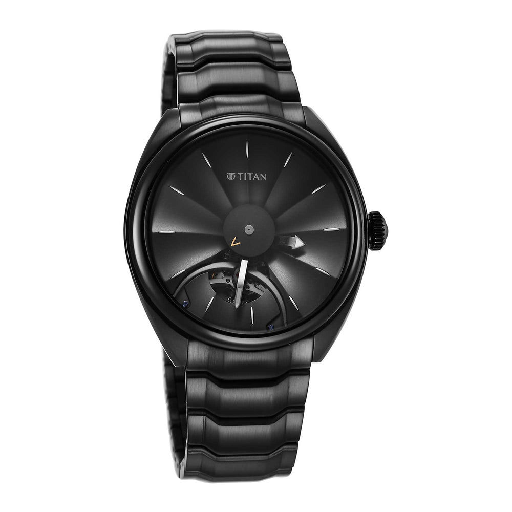 Titan Stellar Automatic Black Dial Stainless Steel Strap Watch for Men