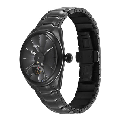 Titan Stellar Automatic Black Dial Stainless Steel Strap Watch for Men