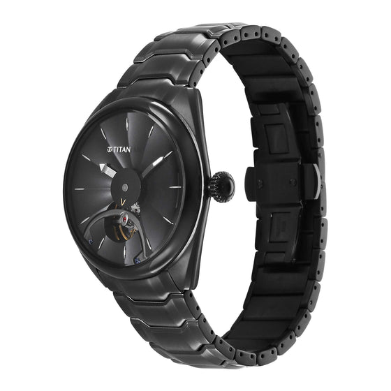 Titan Stellar Automatic Black Dial Stainless Steel Strap Watch for Men