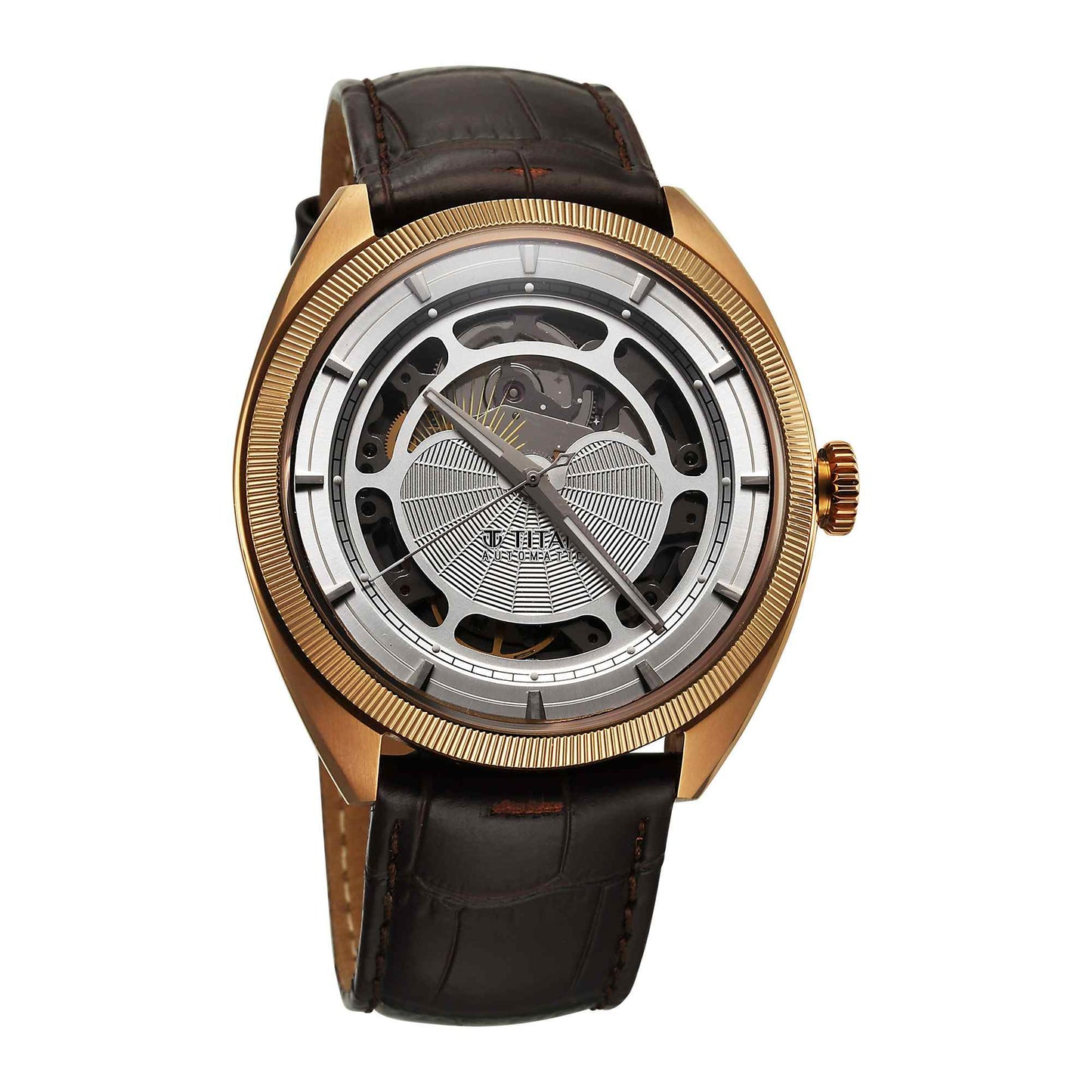Titan Stellar Cupola Automatic Analog with Sun Moon Phase and Silver Dial Brown Leather Strap Watch for Men