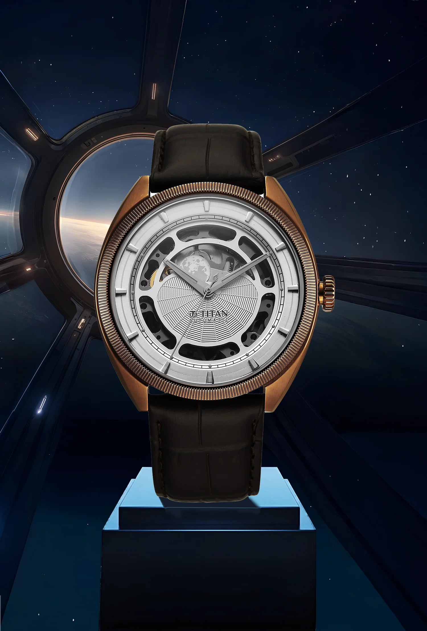 Titan Stellar Cupola Men Automatic Analog watch featuring sun & moon display, silver openwork dial.