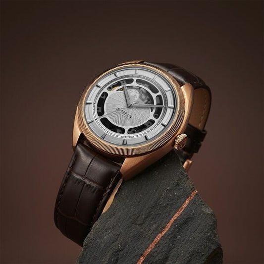 Titan Stellar Cupola Automatic Analog with Sun Moon Phase and Silver Dial Brown Leather Strap Watch for Men