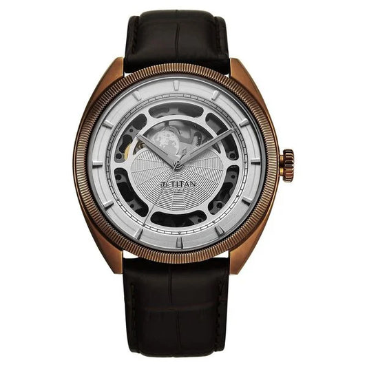 Titan Stellar Cupola Automatic Analog with Sun Moon Phase and Silver Dial Brown Leather Strap Watch for Men