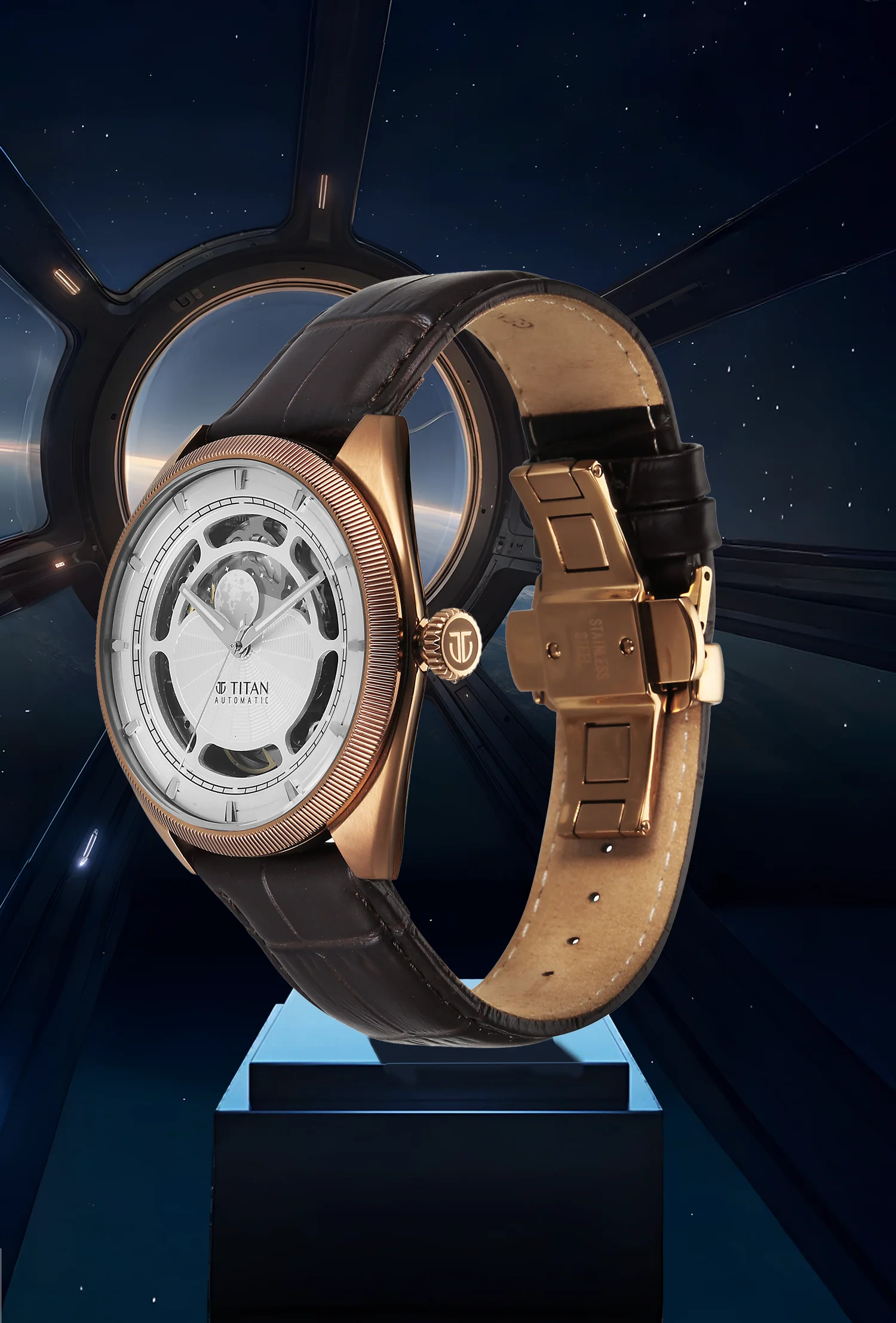 Premium men’s Titan Stellar Cupola automatic analog watch with moonphase dial & brown leather strap.