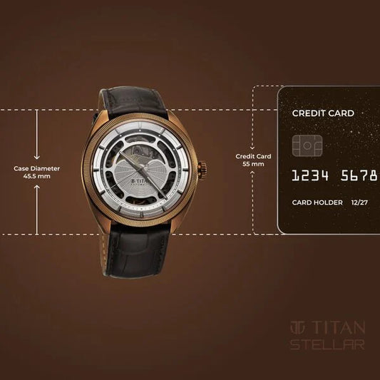 Titan Stellar Cupola Automatic Analog with Sun Moon Phase and Silver Dial Brown Leather Strap Watch for Men