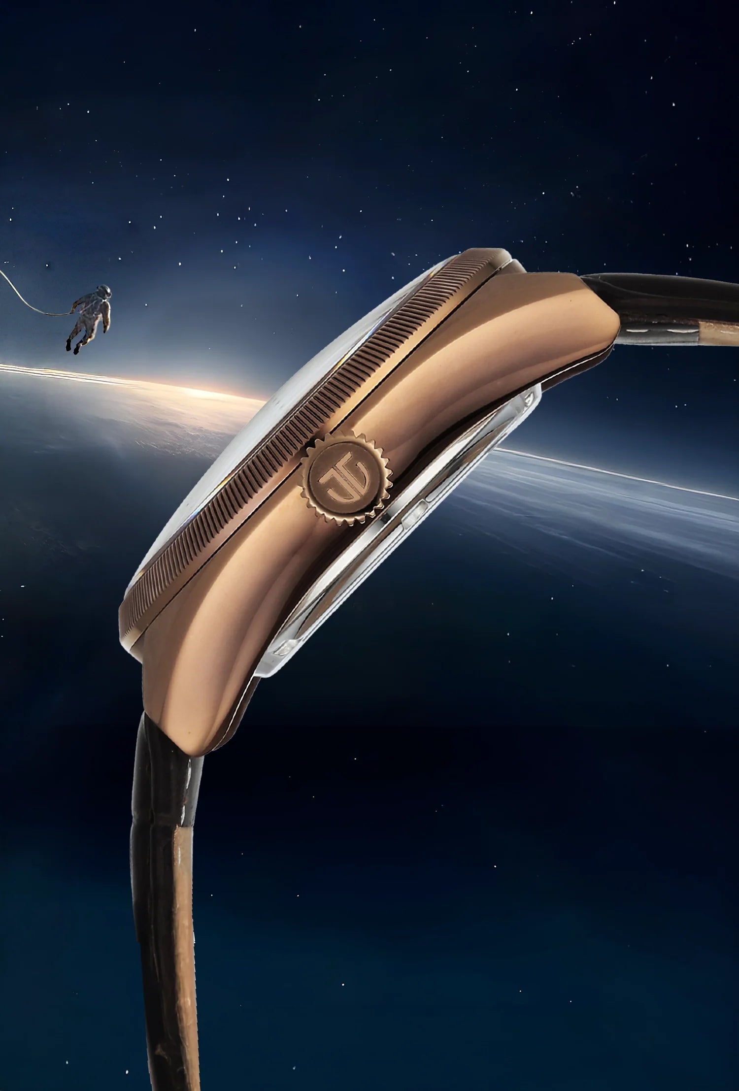 Side profile of Titan Stellar automatic watch showing bronze case and crown detail in a space theme.