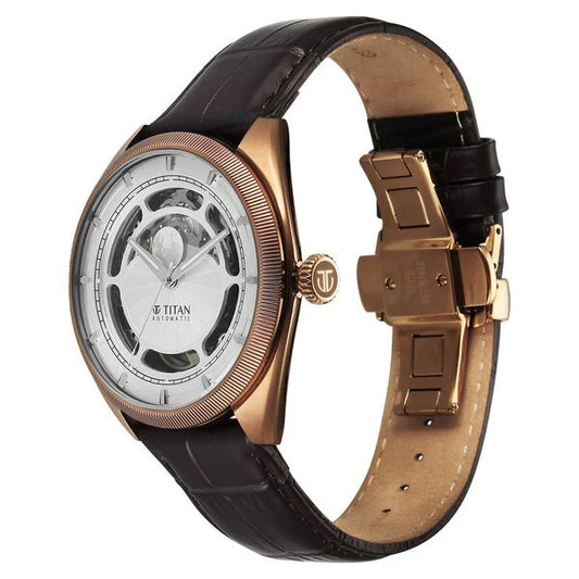 Titan Stellar Cupola Automatic Analog with Sun Moon Phase and Silver Dial Brown Leather Strap Watch for Men