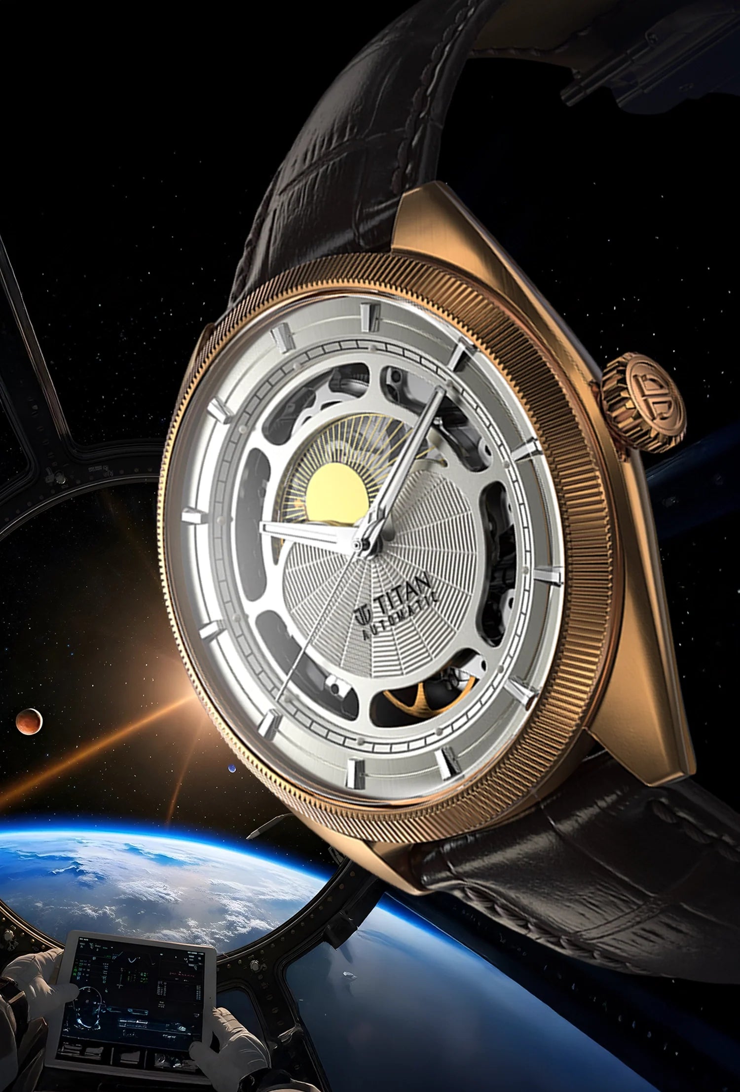 Titan Stellar Cupola automatic analog watch with sun, moon phase, silver dial, & brown leather strap