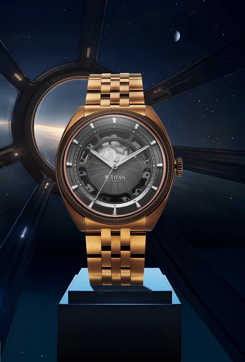 Titan Stellar Cupola Analog with Sun Moon Disc Grey Dial Automatic Watch