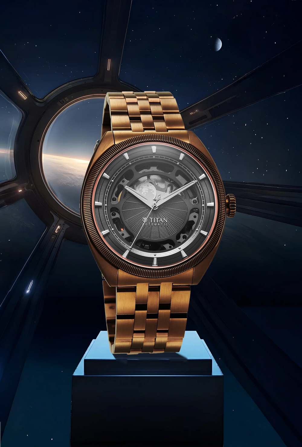 Titan Stellar Cupola Analog with Sun Moon Disc Grey Dial Automatic Watch