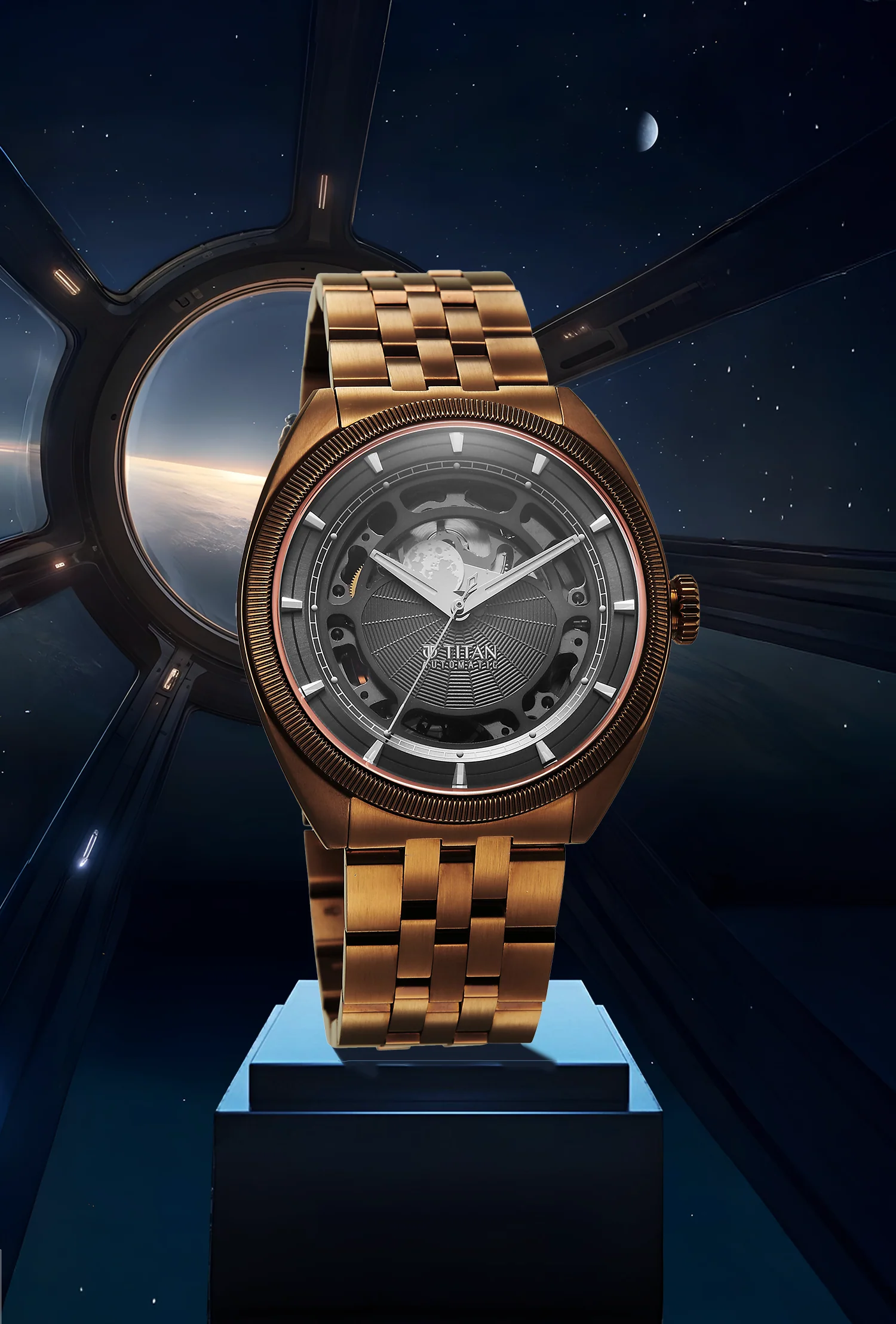 Titan Stellar Cupola Analog with Sun Moon Disc Grey Dial Automatic Watch