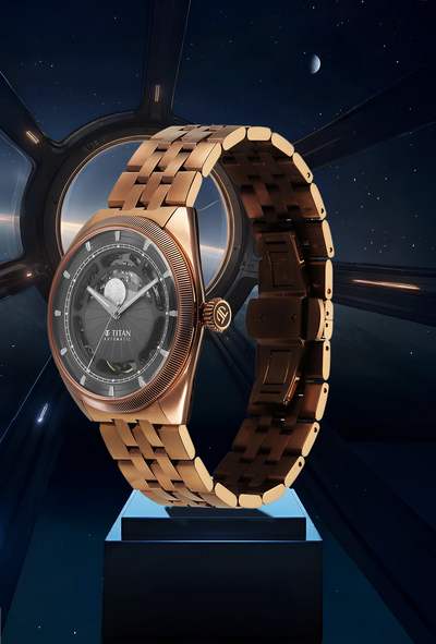 Titan Stellar Cupola Analog with Sun Moon Disc Grey Dial Automatic Watch