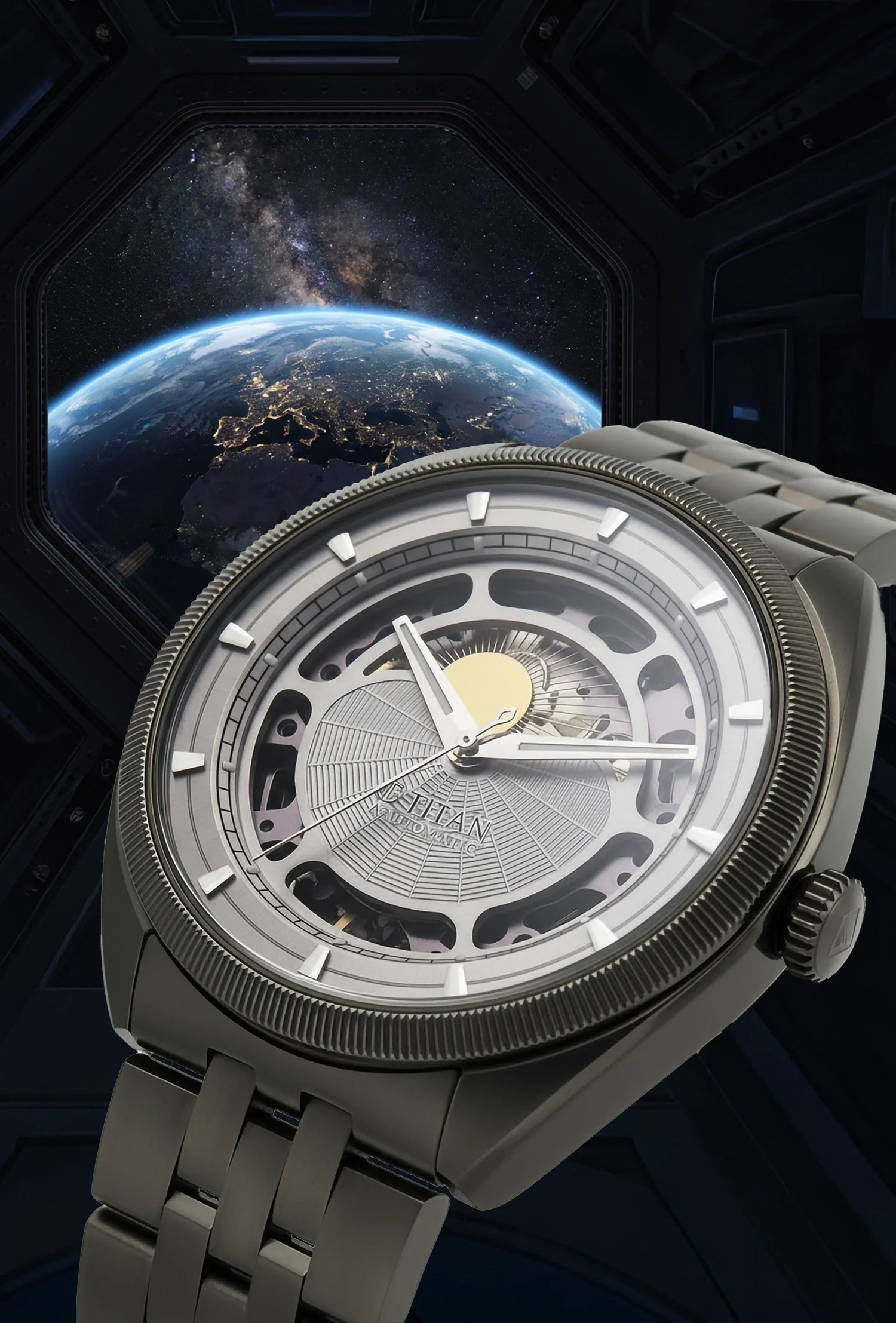 Titan Stellar Cupola Analog with Sun Moon Disc Silver Dial Automatic Watch