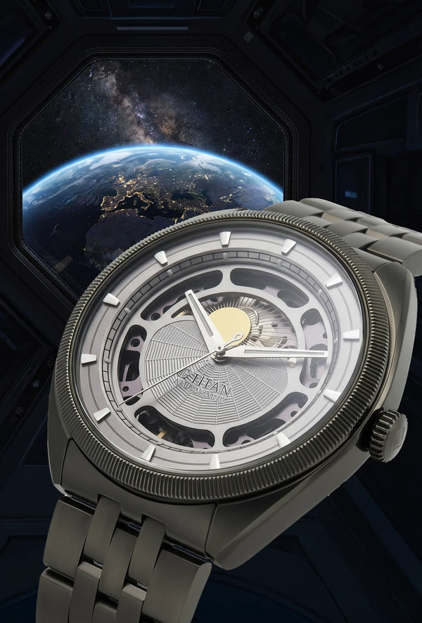 Titan Stellar Cupola Analog with Sun Moon Disc Silver Dial Automatic Watch