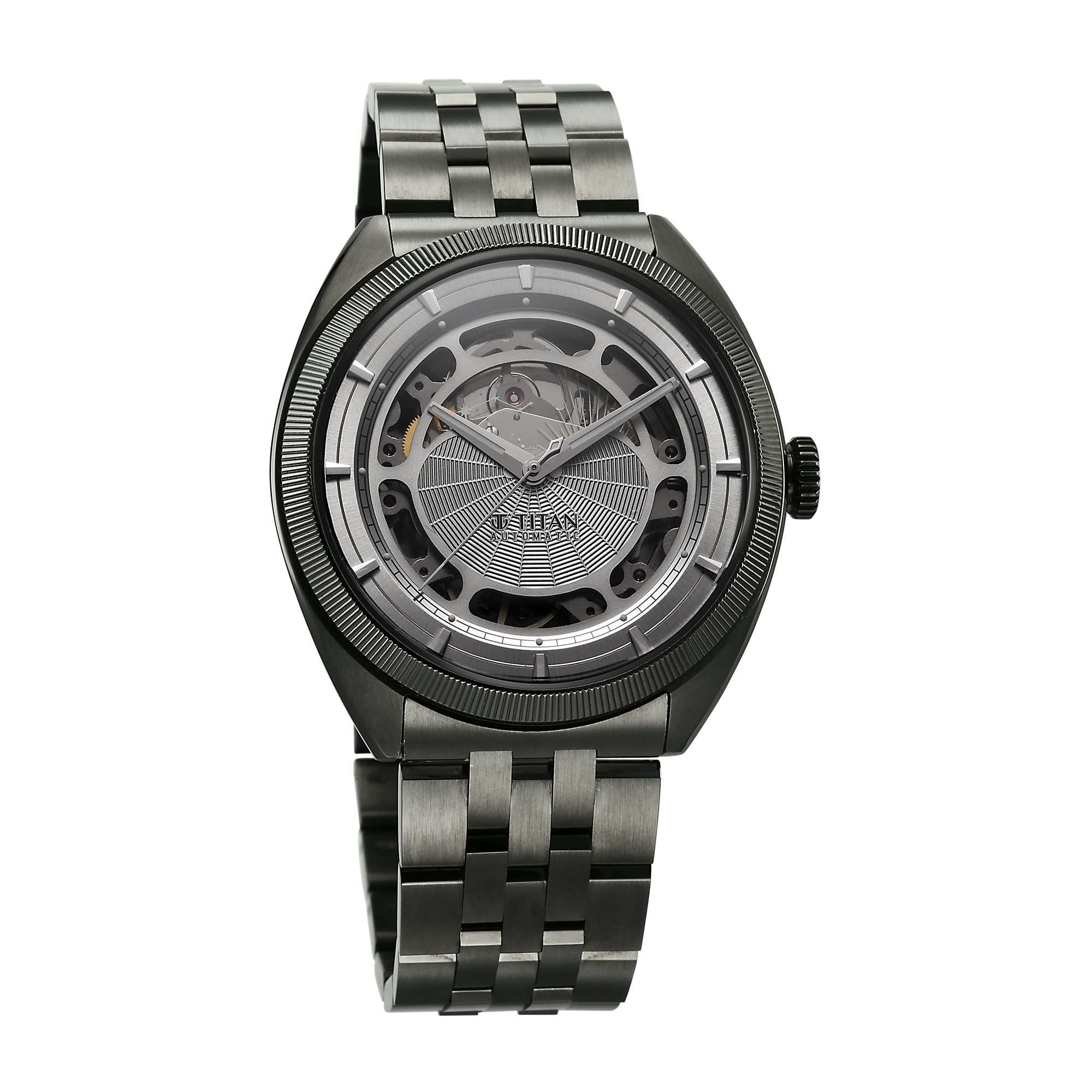 Titan Stellar Cupola Automatic Analog with Sun Moon Phase and Silver Dial Dark Gun Stainless Steel Strap Watch for Men