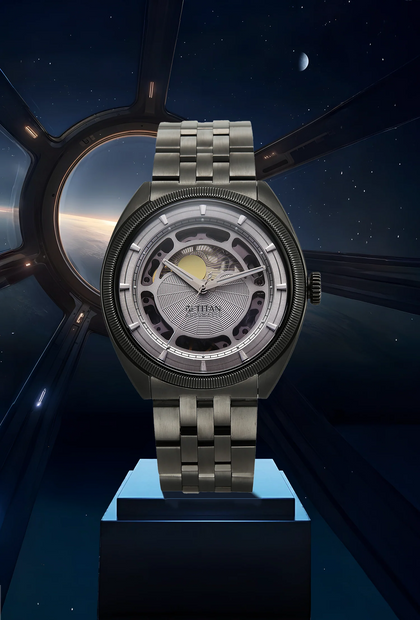 Titan Stellar Cupola Analog with Sun Moon Disc Silver Dial Automatic Watch