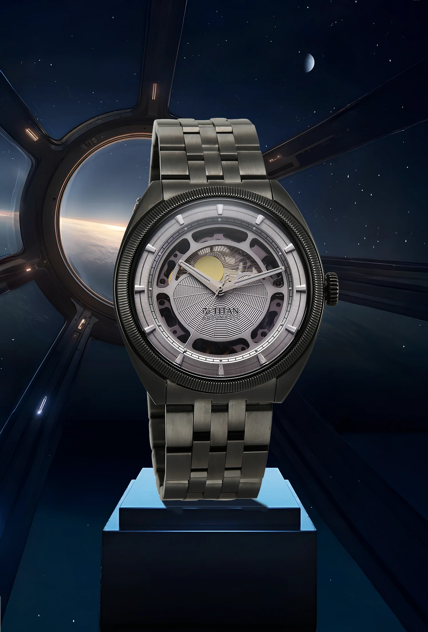 Titan Stellar Cupola Analog with Sun Moon Disc Silver Dial Automatic Watch