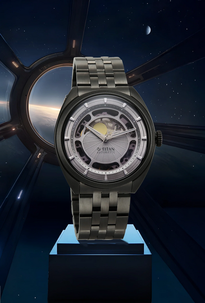 Titan Stellar Cupola Analog with Sun Moon Disc Silver Dial Automatic Watch