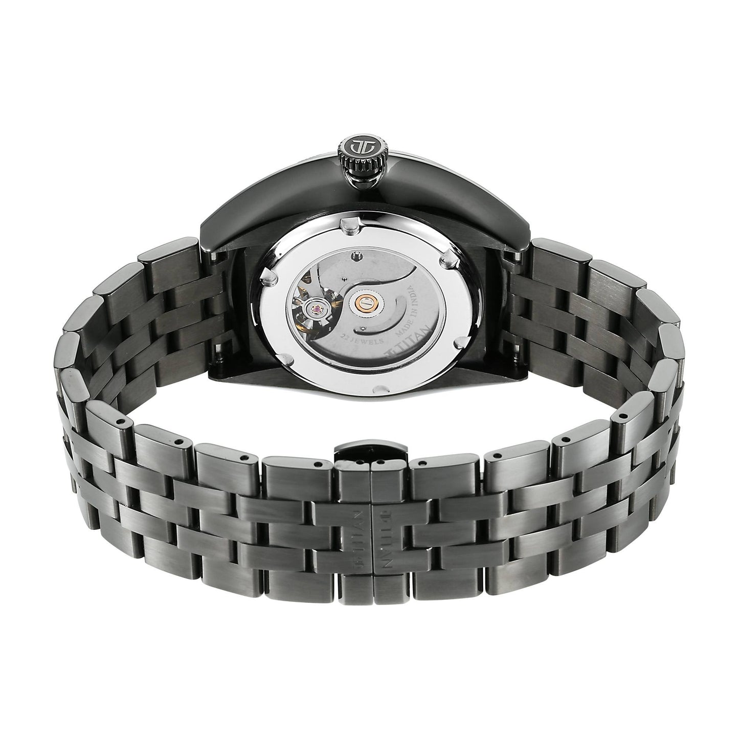 Titan Stellar Cupola Automatic Analog with Sun Moon Phase and Silver Dial Dark Gun Stainless Steel Strap Watch for Men