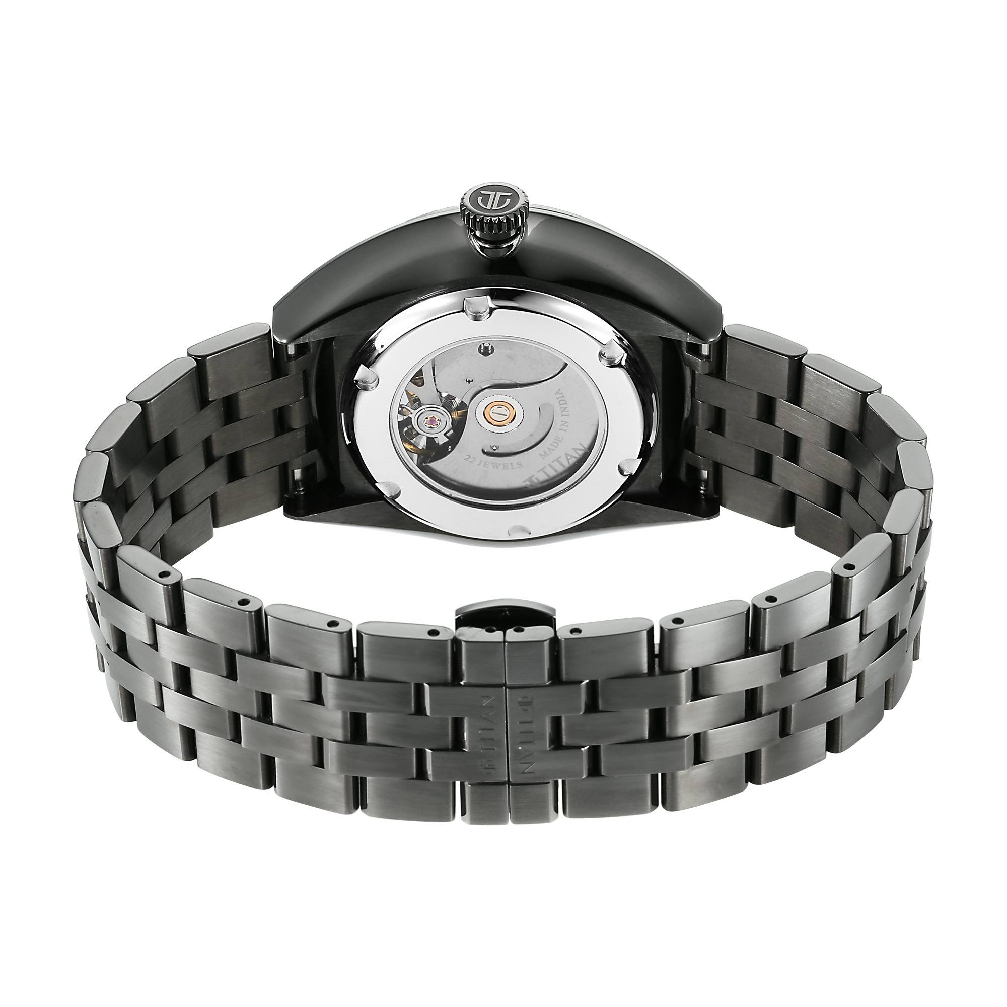 Titan Stellar Cupola Automatic Analog with Sun Moon Phase and Silver Dial Dark Gun Stainless Steel Strap Watch for Men