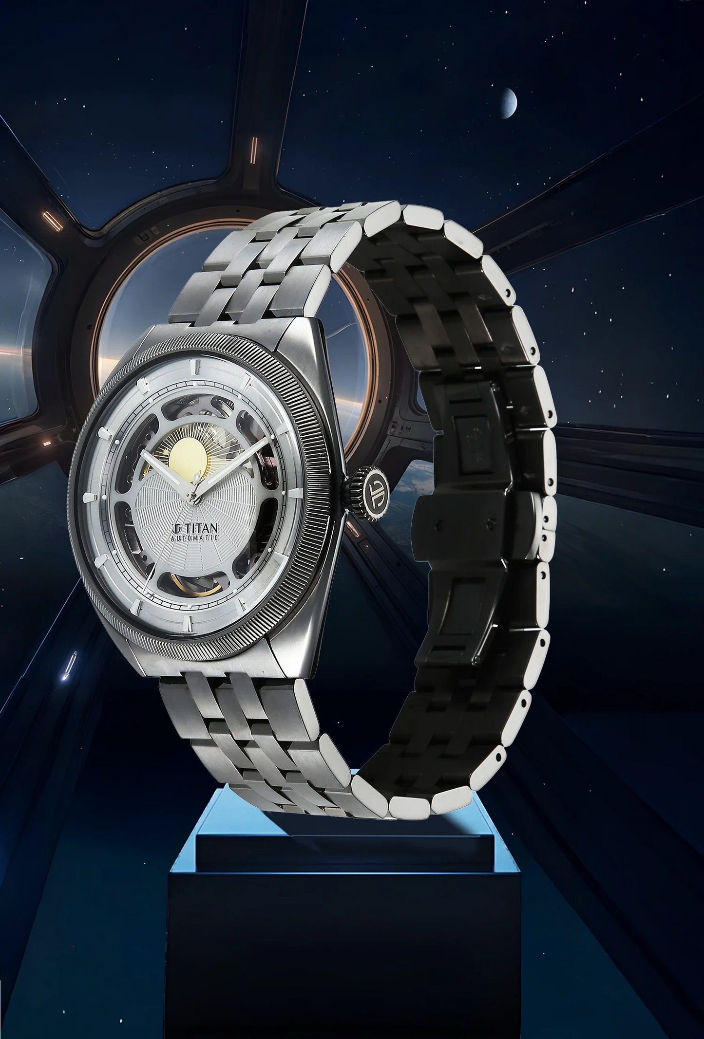 Titan Stellar Cupola Analog with Sun Moon Disc Silver Dial Automatic Watch