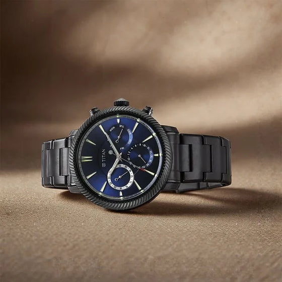 Titan Stellar Multifunction Blue Dial Black Stainless Steel Strap Watch For Men