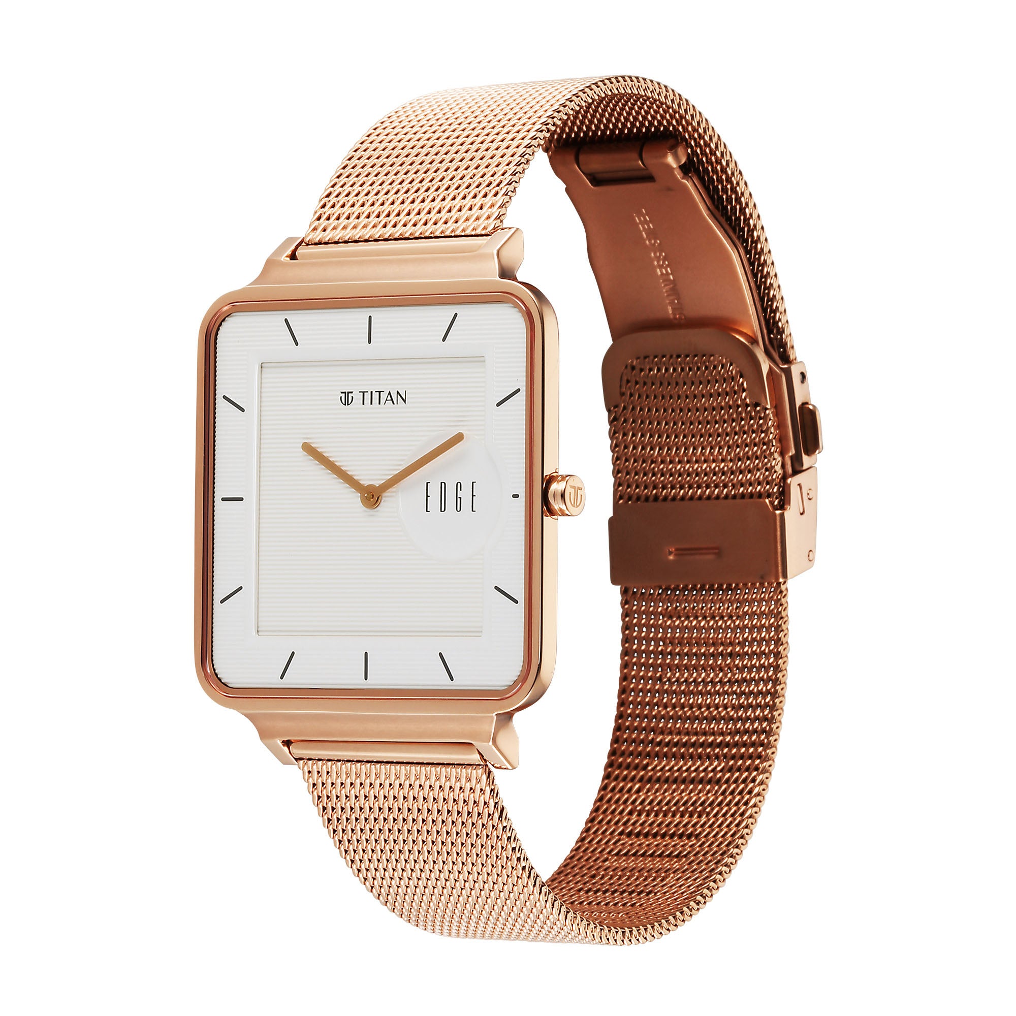 Titan Edge Quad Quartz Analog White Dial With Rose Gold Stainless Steel Strap Watch For Men