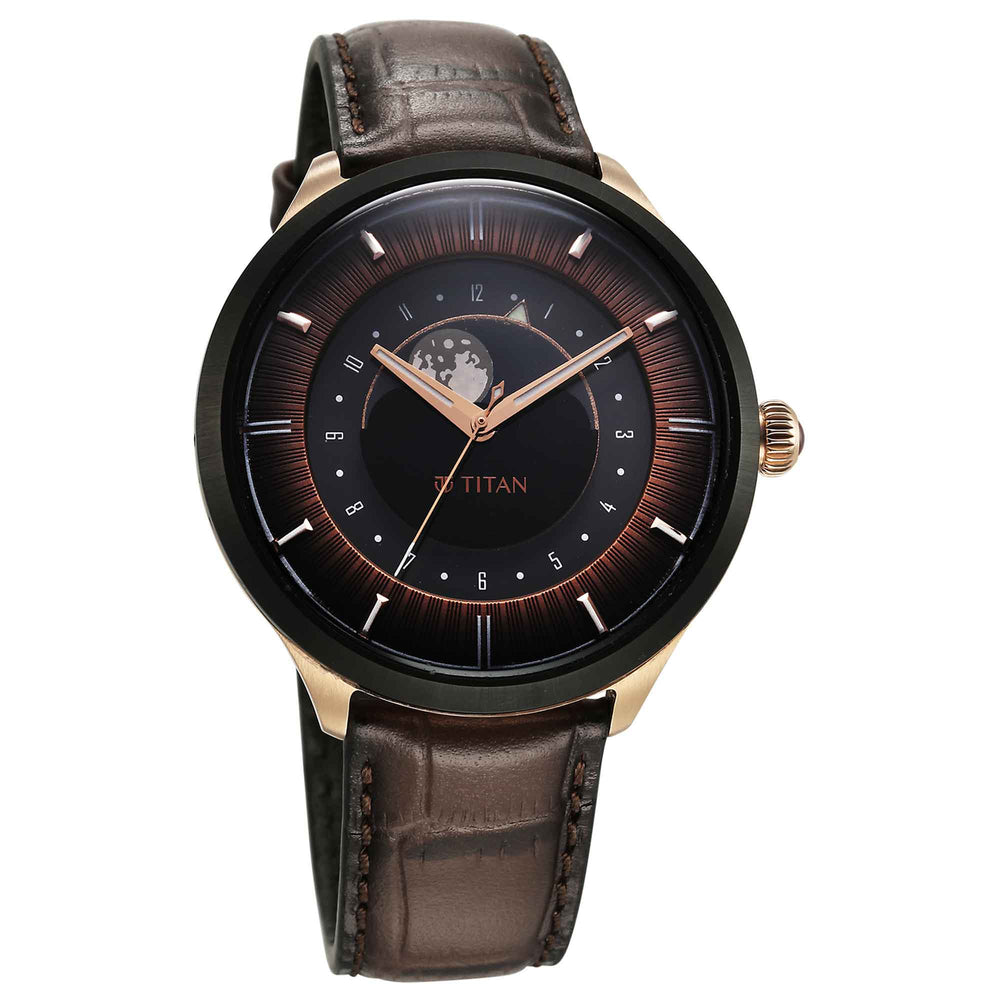 Titan Stellar Luna Sun Moon Disc Brown Dial Watch