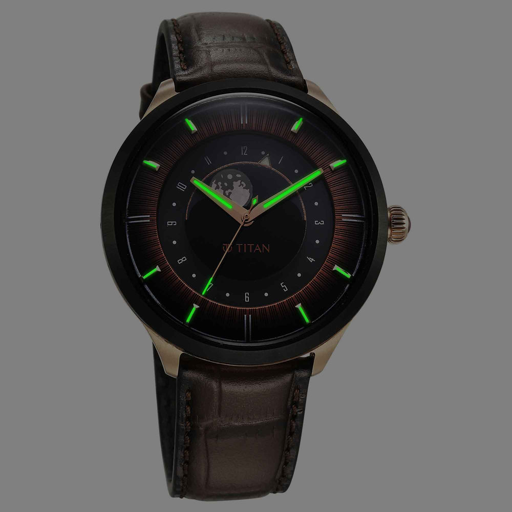 Titan Stellar Luna Sun Moon Disc Brown Dial Watch