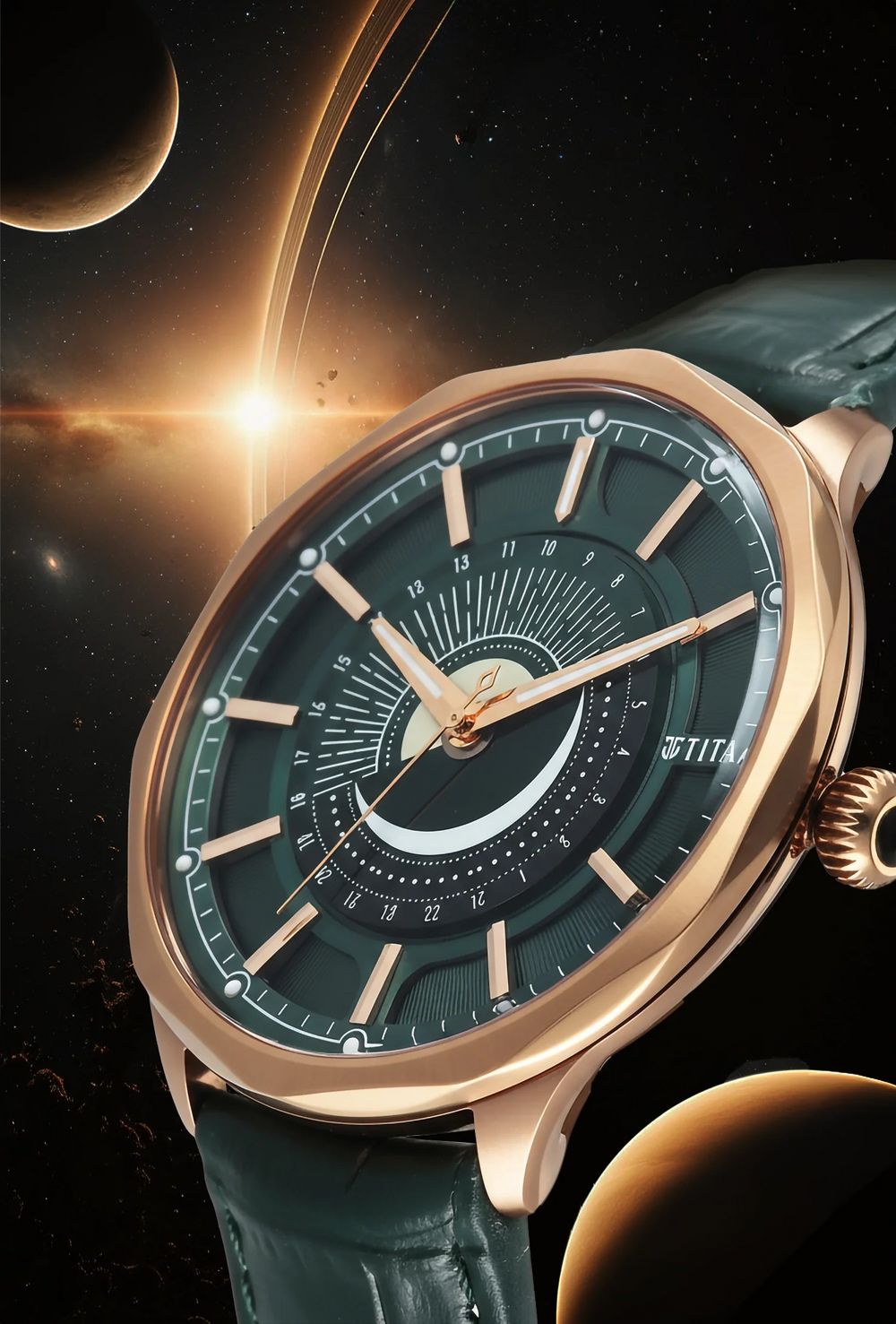 Titan Stellar Analog with Sun Moon Disc Green Dial Watch