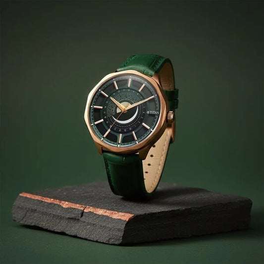 Titan Stellar Analog with Sun Moon Phase and Green Dial Green Leather Strap Watch for Men