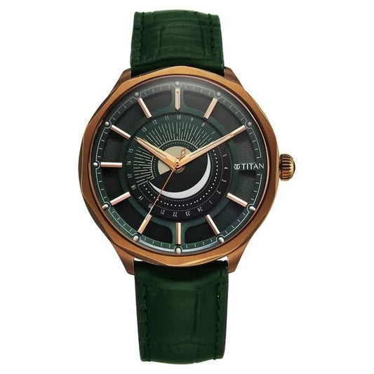 Titan Stellar Analog with Sun Moon Phase and Green Dial Green Leather Strap Watch for Men