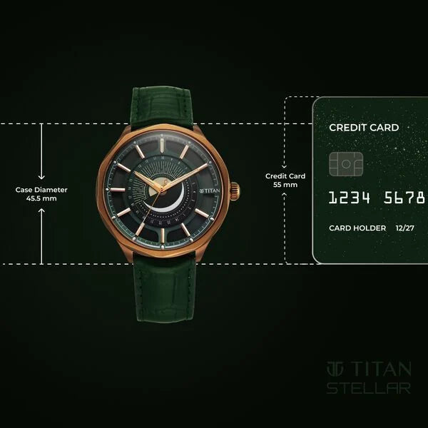 Titan Stellar Analog with Sun Moon Phase and Green Dial Green Leather Strap Watch for Men