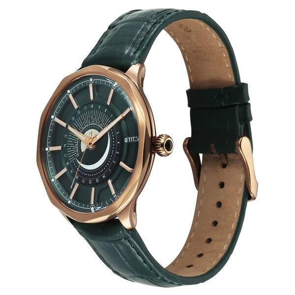 Titan Stellar Analog with Sun Moon Phase and Green Dial Green Leather Strap Watch for Men