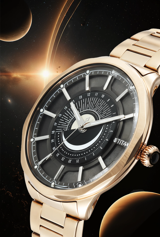 Titan Stellar Analog with Sun Moon Disc Black Dial Watch