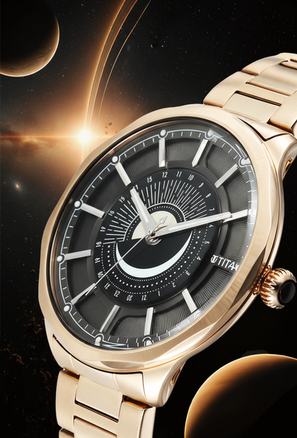 Titan Stellar Analog with Sun Moon Disc Black Dial Watch