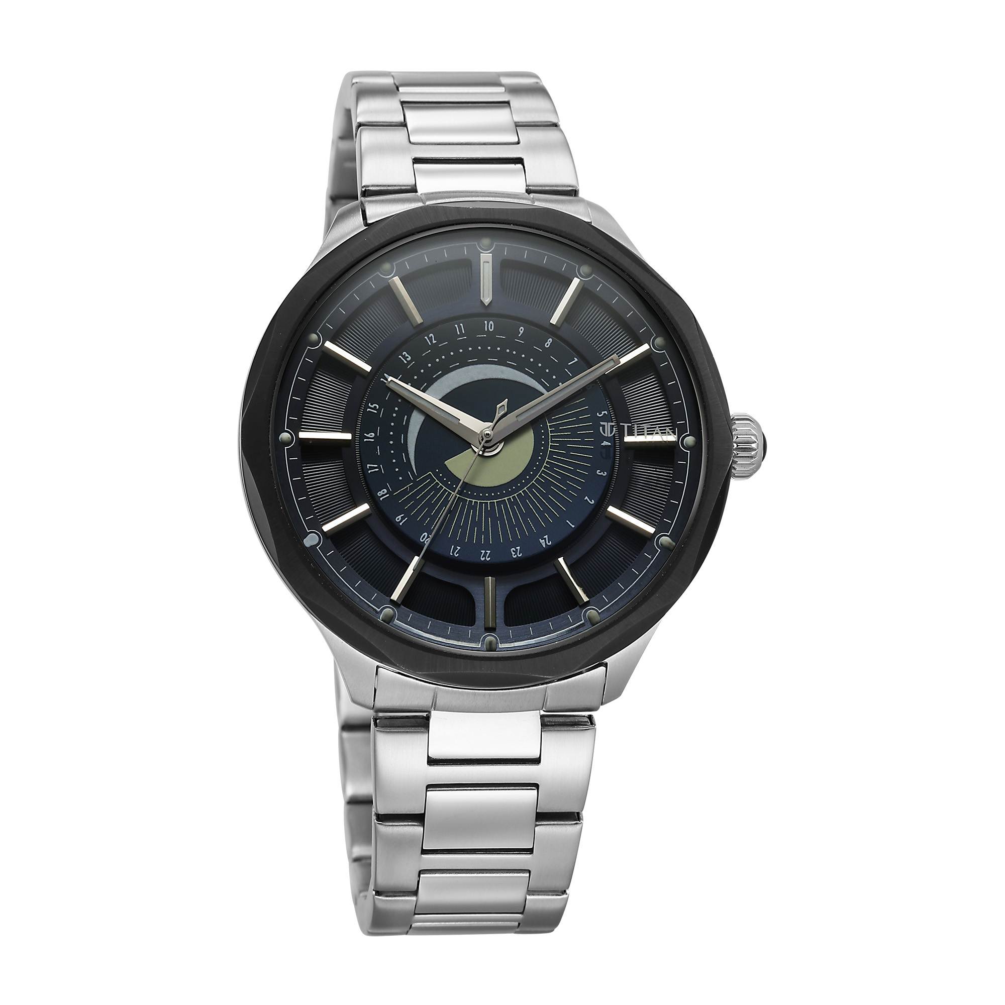 Titan Stellar Analog with Sun Moon Phase and Blue Dial Silver Stainless Steel Strap Watch for Men