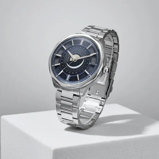 Titan Stellar Analog with Sun Moon Phase and Blue Dial Silver Stainless Steel Strap Watch for Men