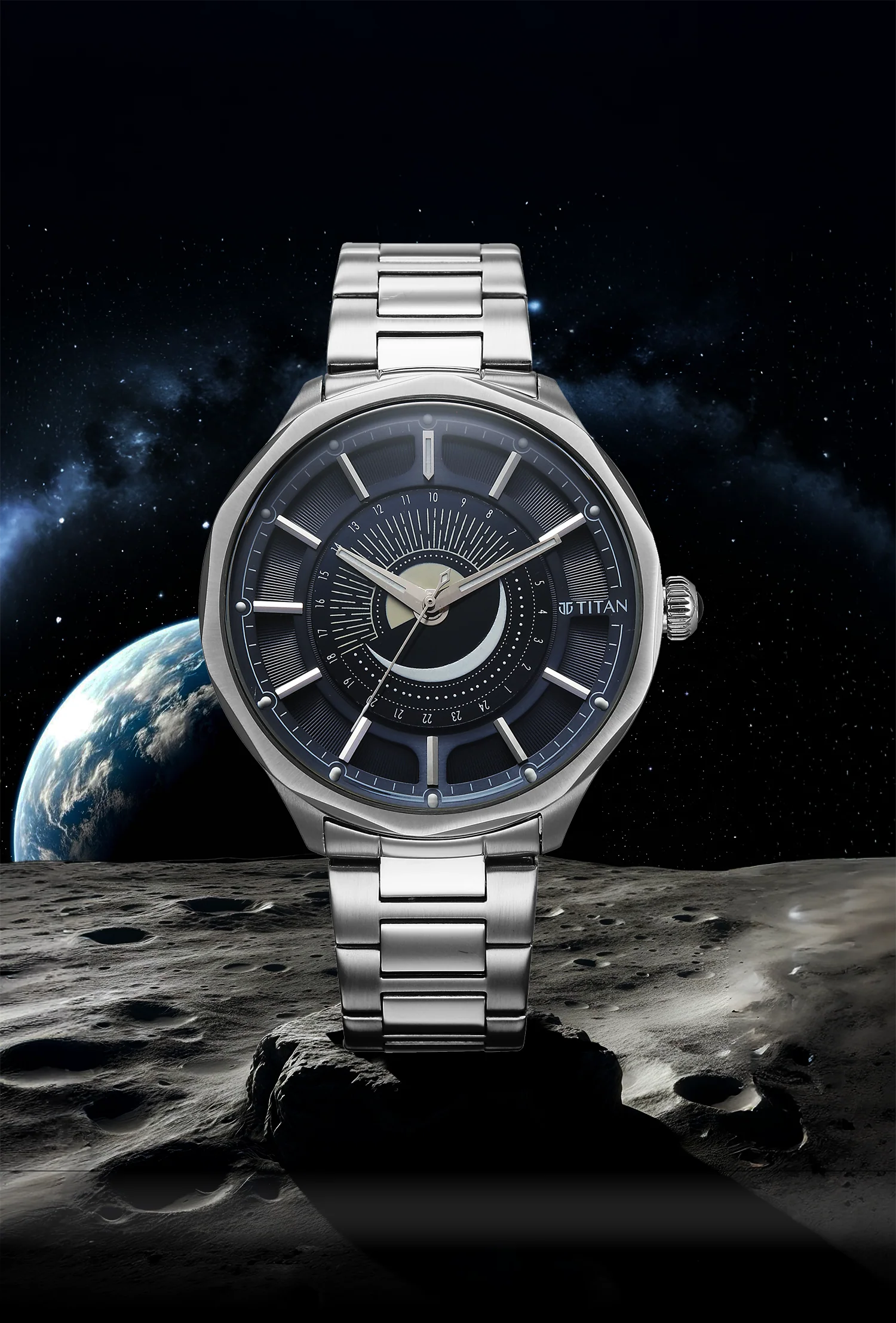 Titan Stellar Sun Moon Disc Blue Dial Watch