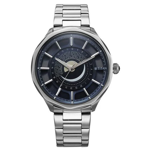 Titan Stellar Analog with Sun Moon Phase and Blue Dial Silver Stainless Steel Strap Watch for Men