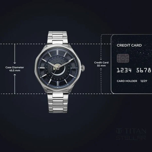 Titan Stellar Analog with Sun Moon Phase and Blue Dial Silver Stainless Steel Strap Watch for Men