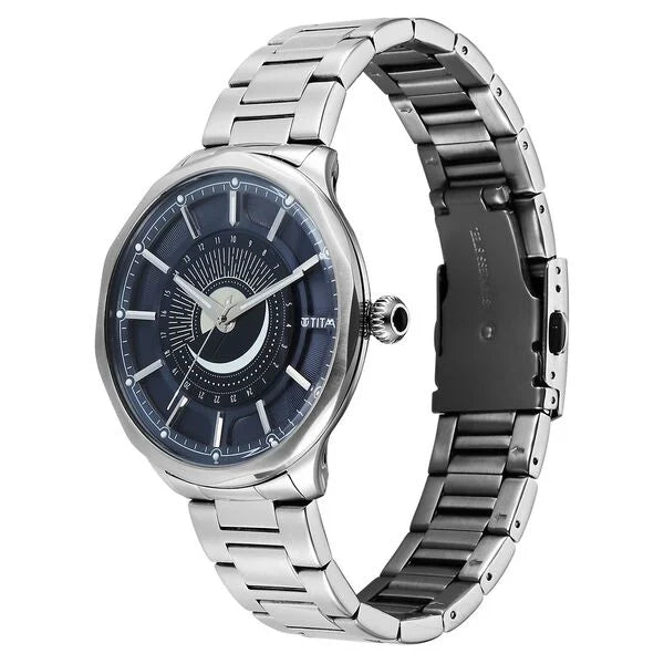 Titan Stellar Analog with Sun Moon Phase and Blue Dial Silver Stainless Steel Strap Watch for Men